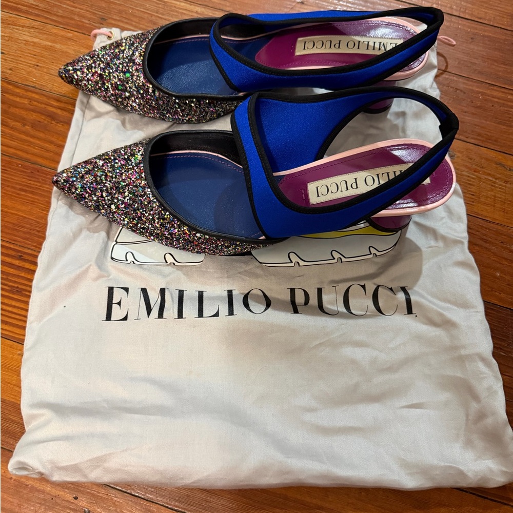 Authentic Emilio Pucci Glitter and Blue Slingback Heels size 38.5 - Picture 1 of 6